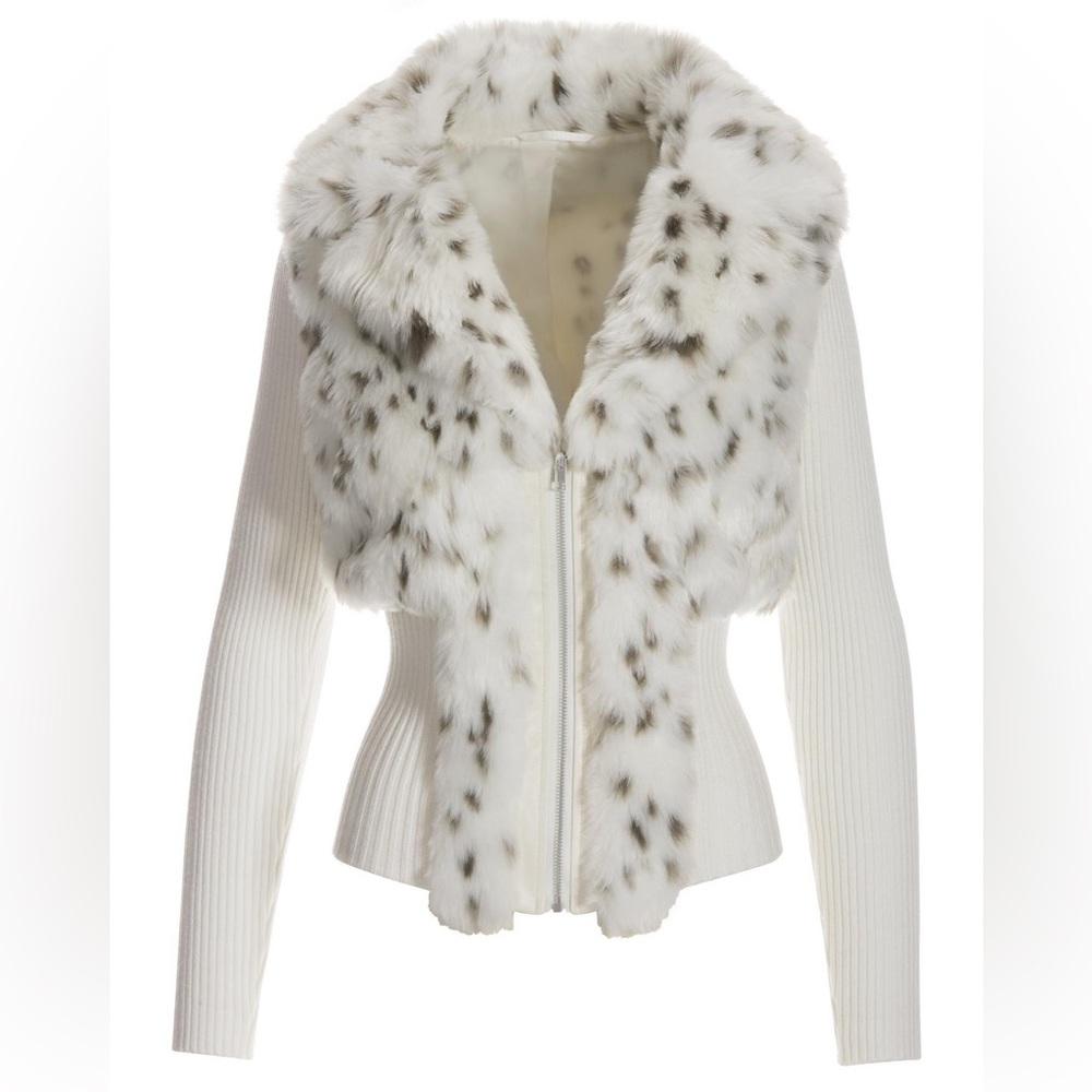 Boston Proper Snow Leopard Faux Fur Cardigan Sweater Sz L - Picture 3 of 17